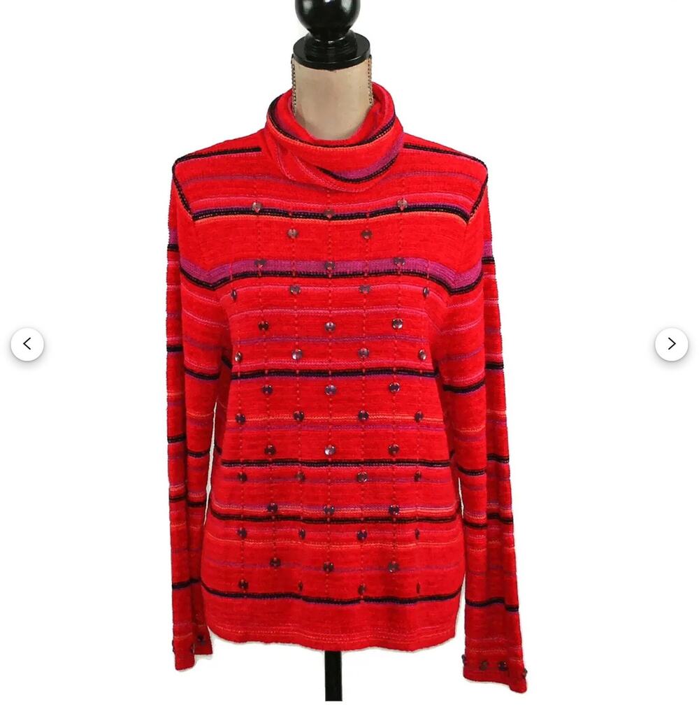 Sigrid Olsen Sport Women TurtleNeck Sweater Sz Med Red Striped Button Detail